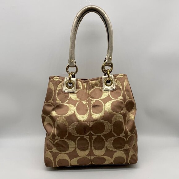 Coach Hampton Lurex Brown & Gold Canvas Shoulder Bag F15691 - Picture 2 of 12